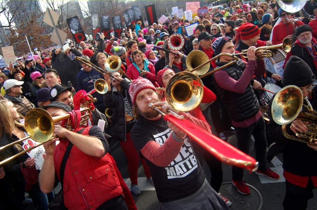 The Second Line Social Aid & Pleasure Society Brass Band leads the "Boston Women's March," Jan. 21, 2017. (Greg Cook)