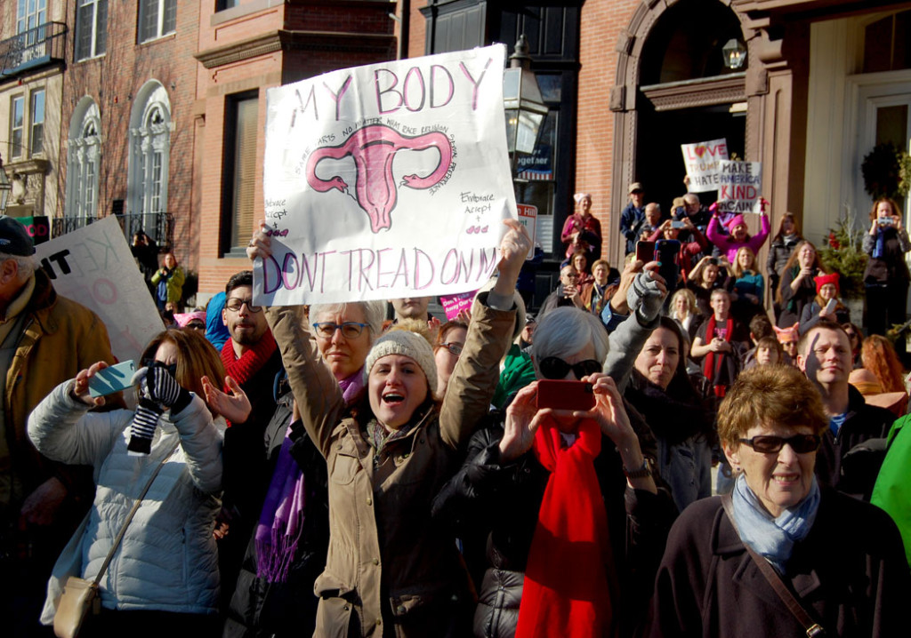 The crowd on Beacon Street for the "Boston Women's March," Jan. 21, 2017. (Greg Cook)