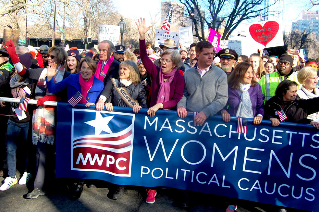 Politicians including Mass. Attorney General Maura Healey, Senator Ed Markey, Senator Elizabeth Warren and Boston Mayor Marty Walsh in the "Boston Women's March," Jan. 21, 2017. (Greg Cook)