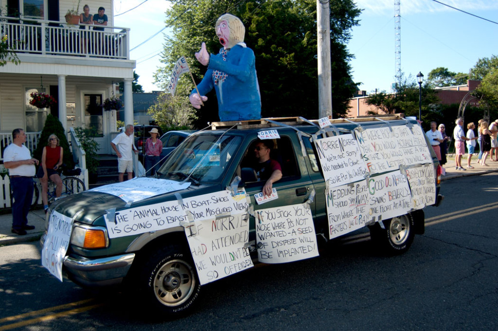 Norrie Gall, who has criticized the Beverly Farms Horribles Parade, was mocked by several 2017 floats. (Greg Cook)
