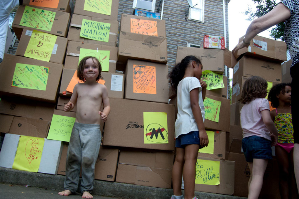 The wall of boxes at Wee The People's "Protestival," July 8, 2017. (Greg Cook)