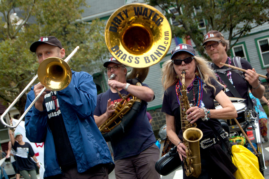 Dirty Water Brass Band of Boston plays in the Honk Parade, Sept. 8, 2017. (Greg Cook)
