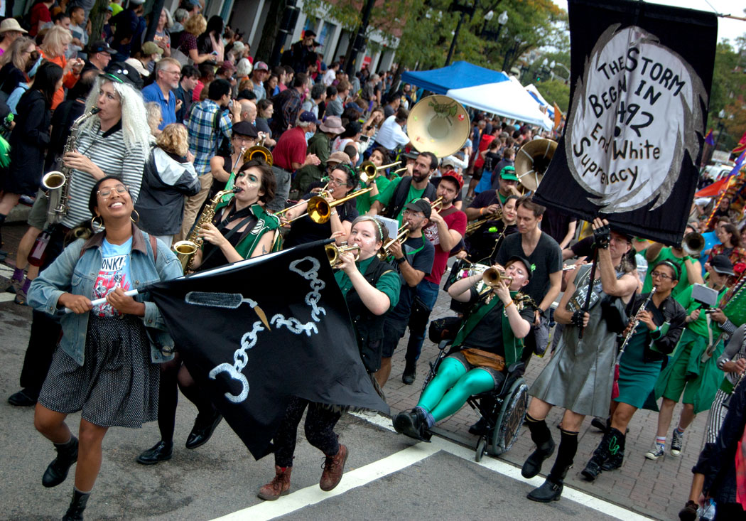 New York's Rude Mechanical Orchestra plays in the Honk Parade, Sept. 8, 2017. (Greg Cook)