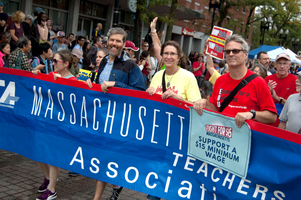 Massachusetts Teachers Association members march in the Honk Parade, Sept. 8, 2017. (Greg Cook)