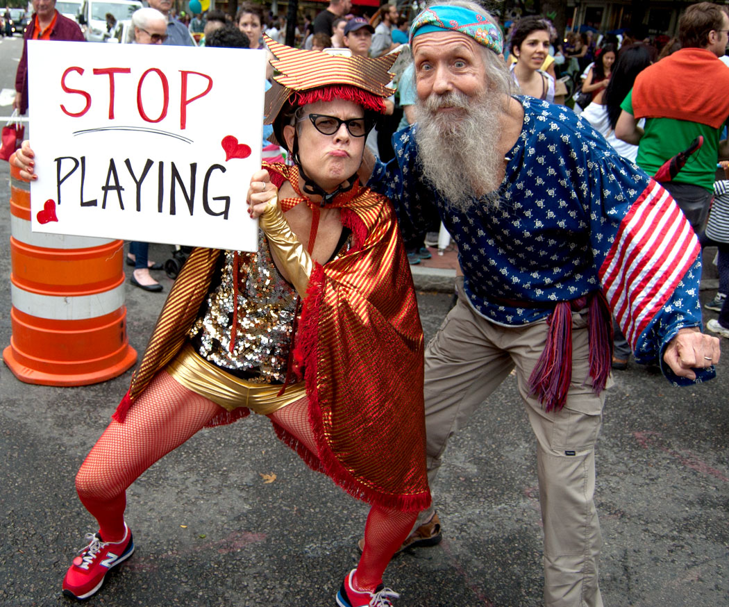 "Stop Playing." The end of the Honk Parade, Sept. 8, 2017. (Greg Cook)