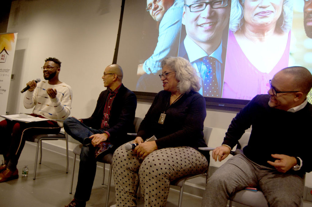 At ArtsBoston's Network for Arts Administrators of Color talk, (from left) Todd McNeel, Ben Hires, Candelaria Silva-Collins and Christopher Edwards spoke. Dec. 12, 2017. (Greg Cook)