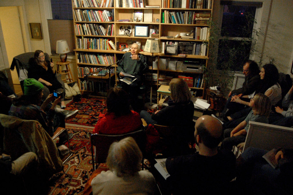 Gerrit Lansing reads at the Gloucester Writers Center, Feb. 27, 2016. (Greg Cook)