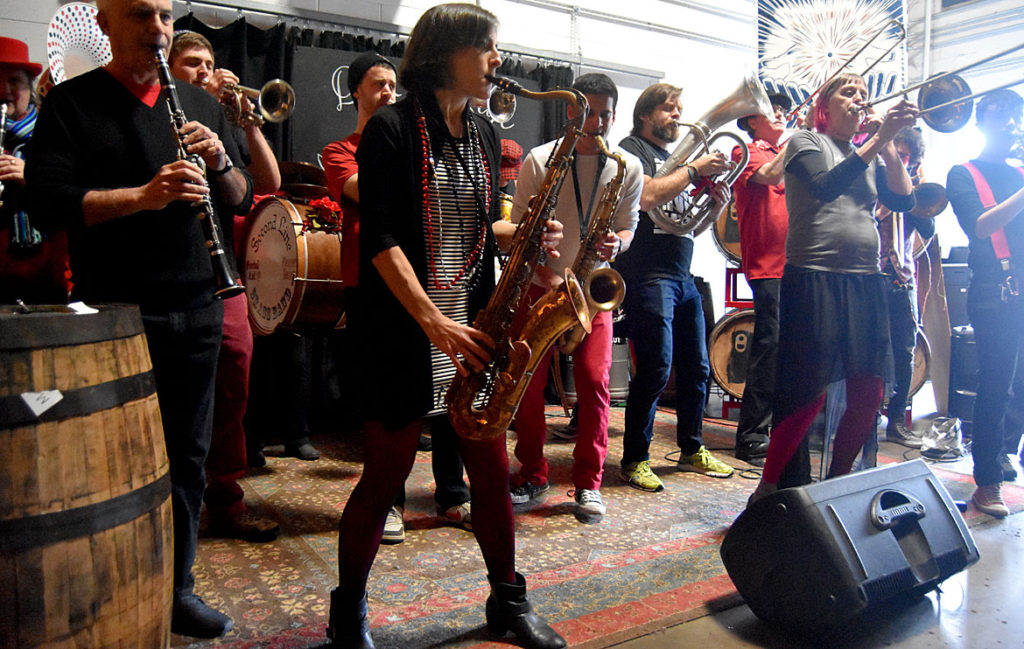 Second Line Social Aid and Pleasure Society Brass Band performs at the HONK! Festival 2017 Volunteer Appreciation Pizza Party at Aeronaut in Somerville, Feb. 18, 2018. (Greg Cook)