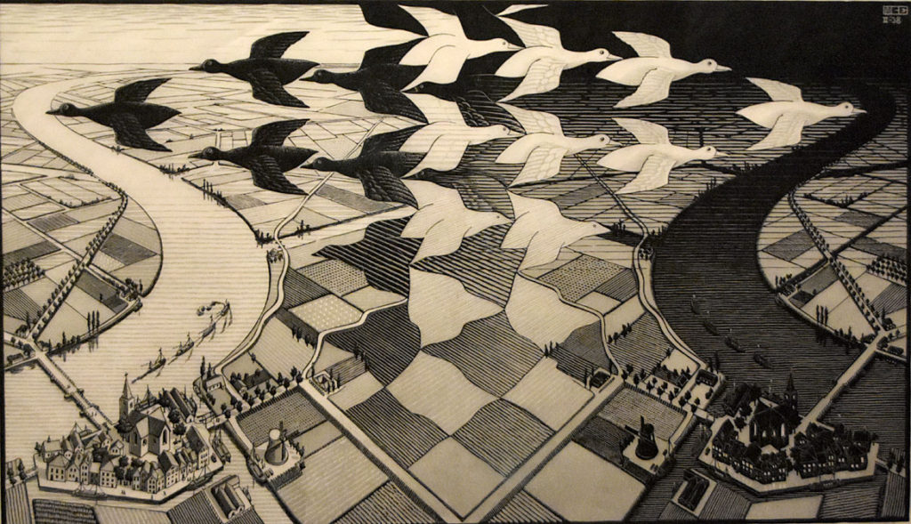 M.C. Escher "Day and Night" 1938 woodcut. (Greg Cook)