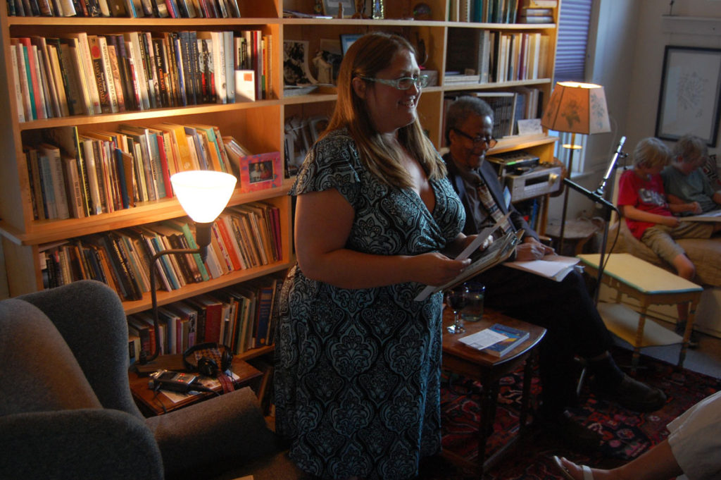 Amanda Cook hosts a reading at the Gloucester Writers Center, June 29, 2016. (Greg Cook)