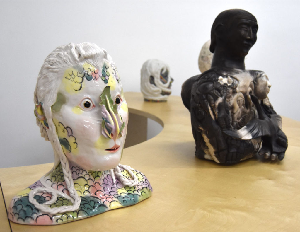 Shary Boyle “The Mute” (at left), 2012, porcelain, china paint, lustre. (Greg Cook)