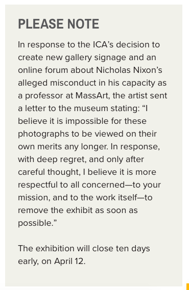 The ICA's April 11 announcement on its website that it is ending its Nicholas Nixon exhibit early. (Greg Cook)