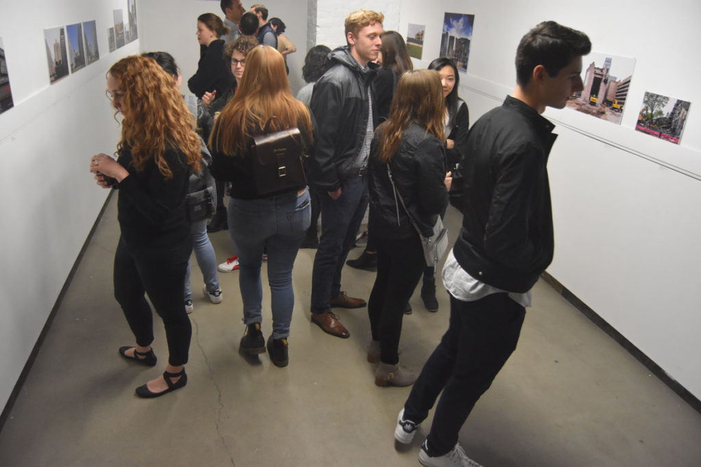 Opening reception for "Brutal Destruction" exhibition at Pinkcomma gallery in Boston, April 12, 2018. (Greg Cook)