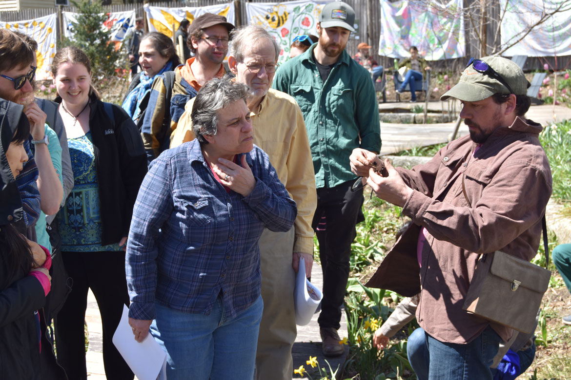 Jef C. Taylor (right) leads a nature walk at the Starting Over Festival, Somerville, April 22, 2018. (Greg Cook)