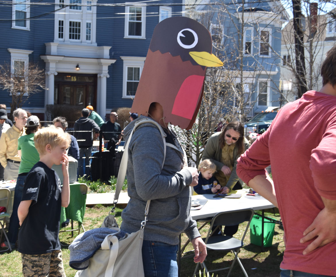 Bird mask made with artist Kari Percival at the Starting Over Festival, Somerville, April 22, 2018. (Greg Cook)
