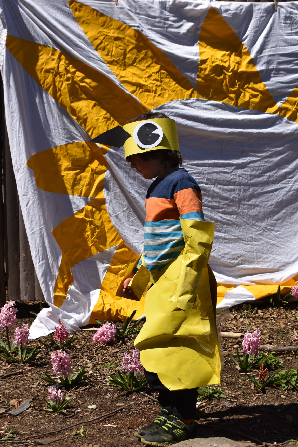 Bird costume made with artist Kari Percival at the Starting Over Festival, Somerville, April 22, 2018. (Greg Cook)