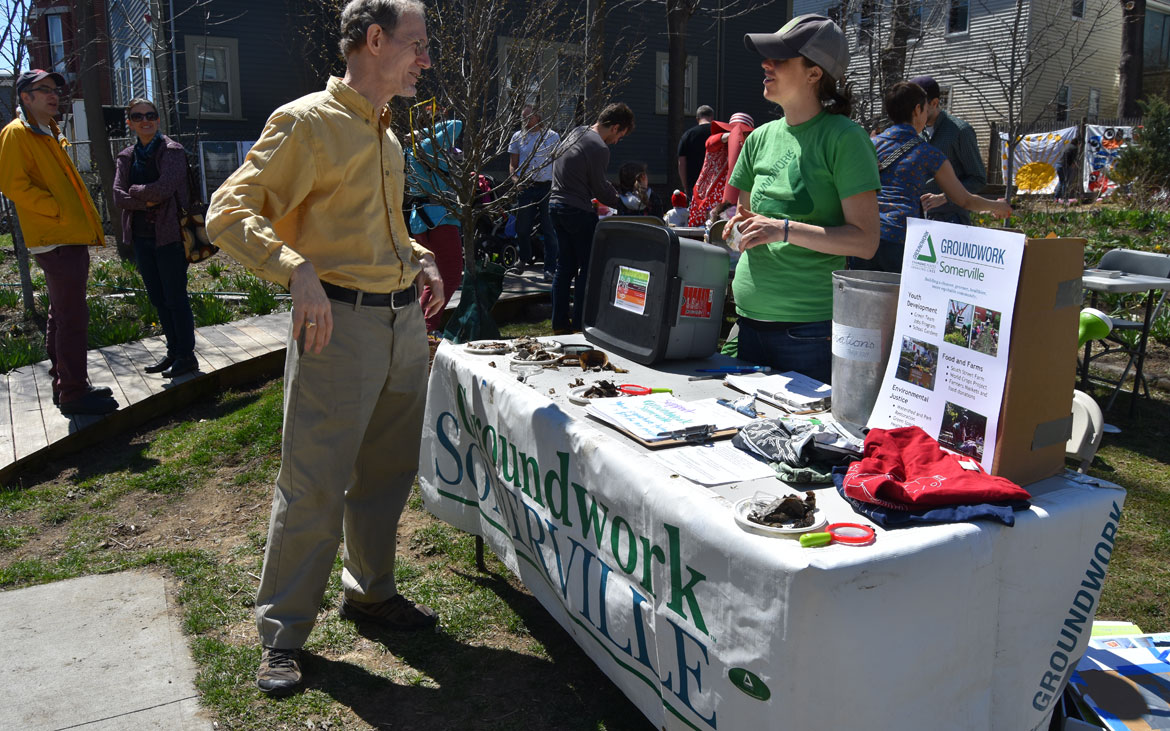 Learning about worm-bin composting from Groundwork Somerville at the Starting Over Festival, Somerville, April 22, 2018. (Greg Cook)