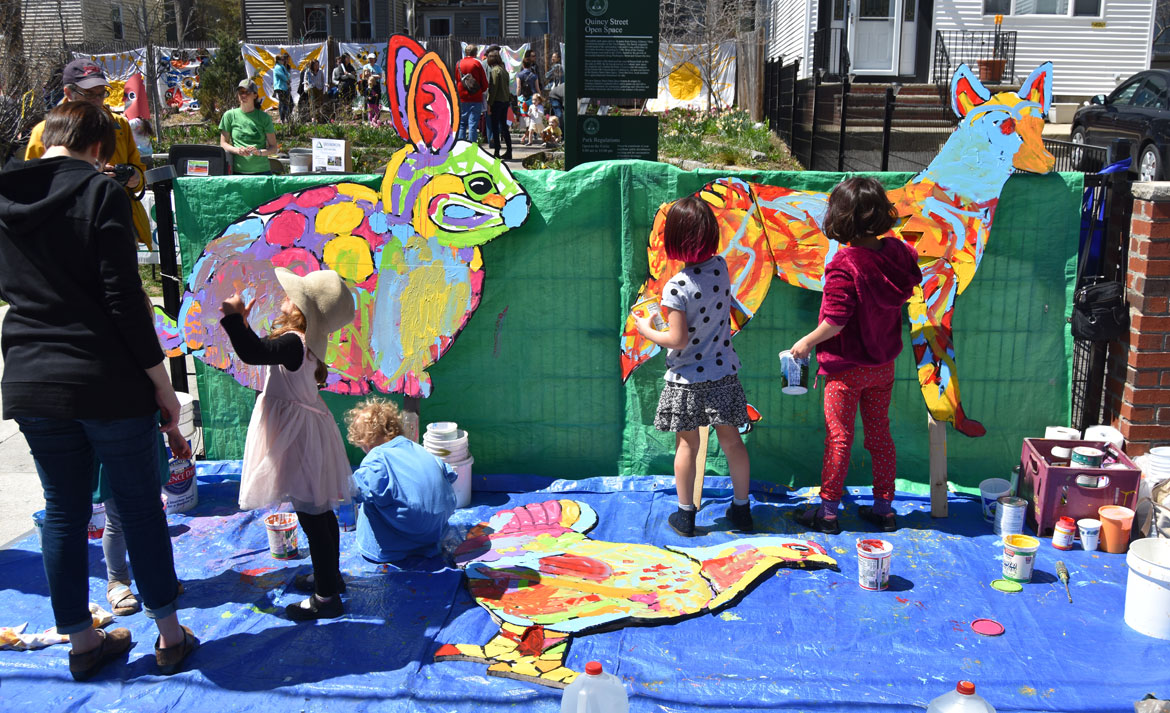 Painting mosaic-style animals designed by muralist Liz LaManche at the Starting Over Festival, Somerville, April 22, 2018. (Greg Cook)