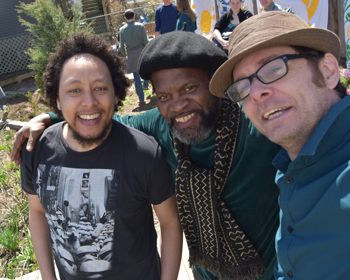 Marshall Gillson (from left), Eddy Toussaint Tontongi and Greg Cook at the Starting Over Festival, Somerville, April 22, 2018. (Greg Cook)
