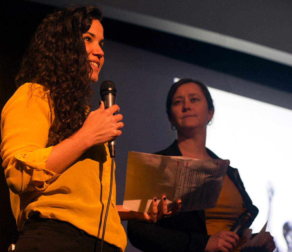 AS220 Artistic Director Shey Rivera (left) and Managing Director Shauna Duffy speak at the "All Access" campaign launch at URI Providence, May 16, 2018. (Allam Mella)