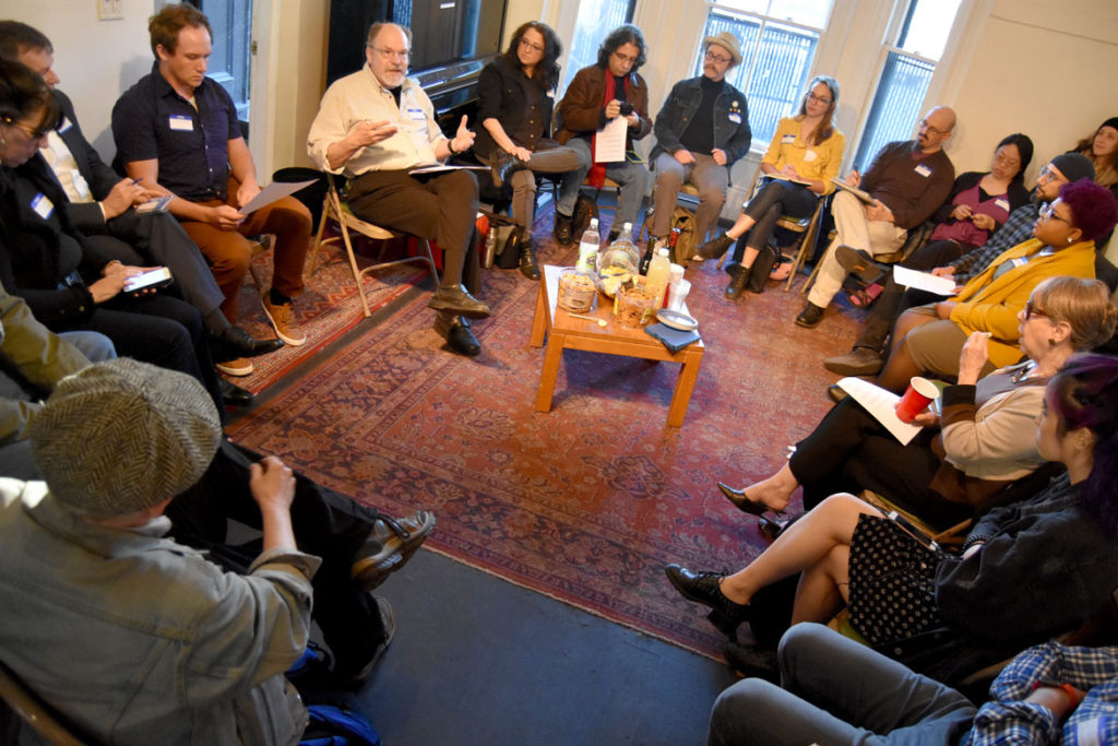 Arts journalism forum at Outpost 186 in Cambridge, May 7, 2018. (Greg Cook)