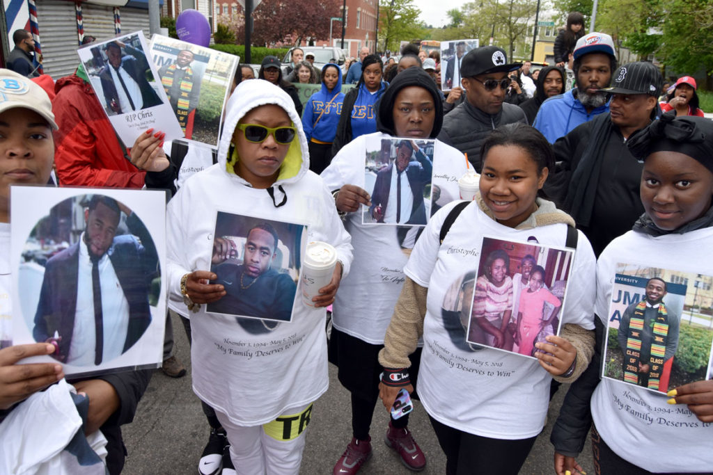 Remembering lost loved ones at the 22nd annual anti-gun violence Mother’s Day Walk For Peace In Dorchester, Boston, May 13, 2018. (Greg Cook)