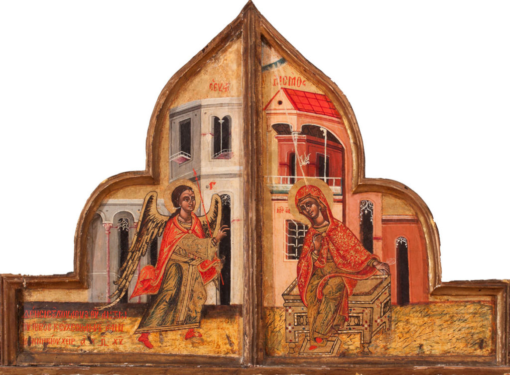 "The Bober Annunciation," Greek, Macedonia, 1680, tempera on wood. (Courtesy Museum of Russian Icons)