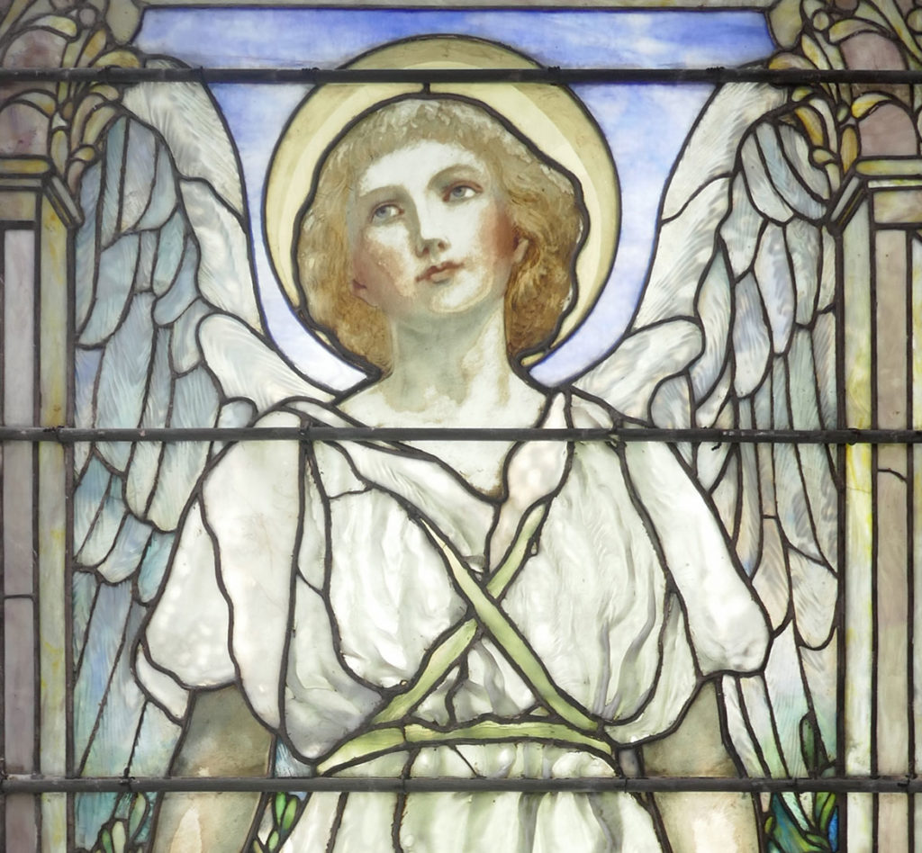 Louis C. Tiffany, “Resurrection (detail),” 1899, stained glass window. (Worcester Art Museum)