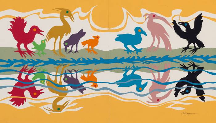 Ashley Bryan, The birds' colors were mirrored in the waters," circa 2002, from "Beautiful Blackbird," collage of cut colored paper on paper. (The Eric Carle Museum of Picture Book Art, Amherst, Massachusetts)