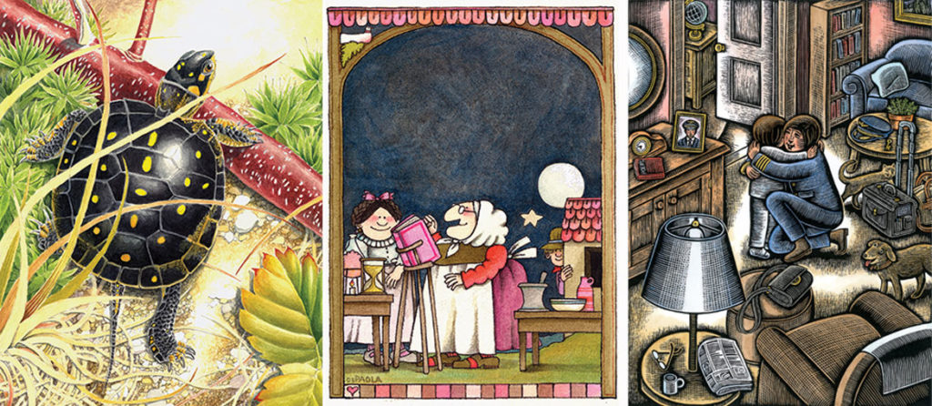 Art by (from left) David M. Carroll, Tomie dePaola, and Beth Krommes. (Currier Museum of Art)