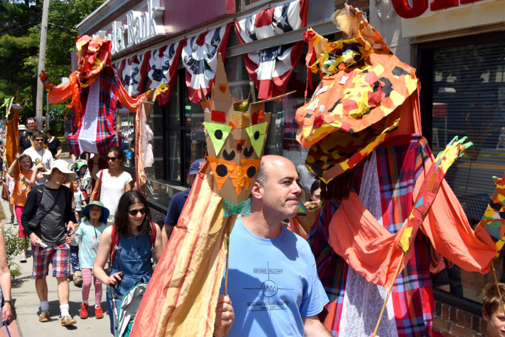 Giant fox puppets, created under the leadership of Sara Peattie of the Boston Puppeteers Cooperative, at the Fox Festival Parade in Arlington, June 16, 2018. (Greg Cook)