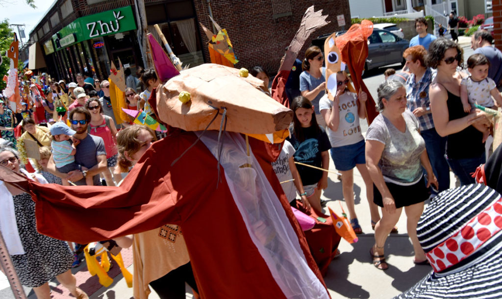 One of the giant fox puppets, created under the leadership of Sara Peattie of the Boston Puppeteers Cooperative, at the Fox Festival Parade in Arlington, June 16, 2018. (Greg Cook)