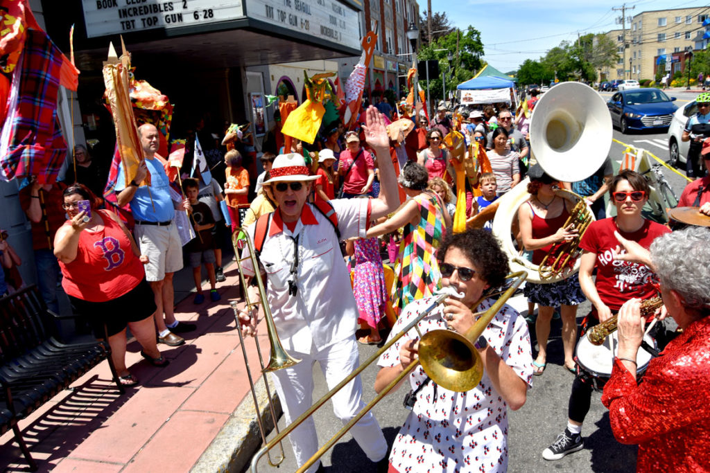 Second Line Social Aid & Pleasure Society Brass Band leads the Fox Festival Parade in Arlington, June 16, 2018. (Greg Cook)