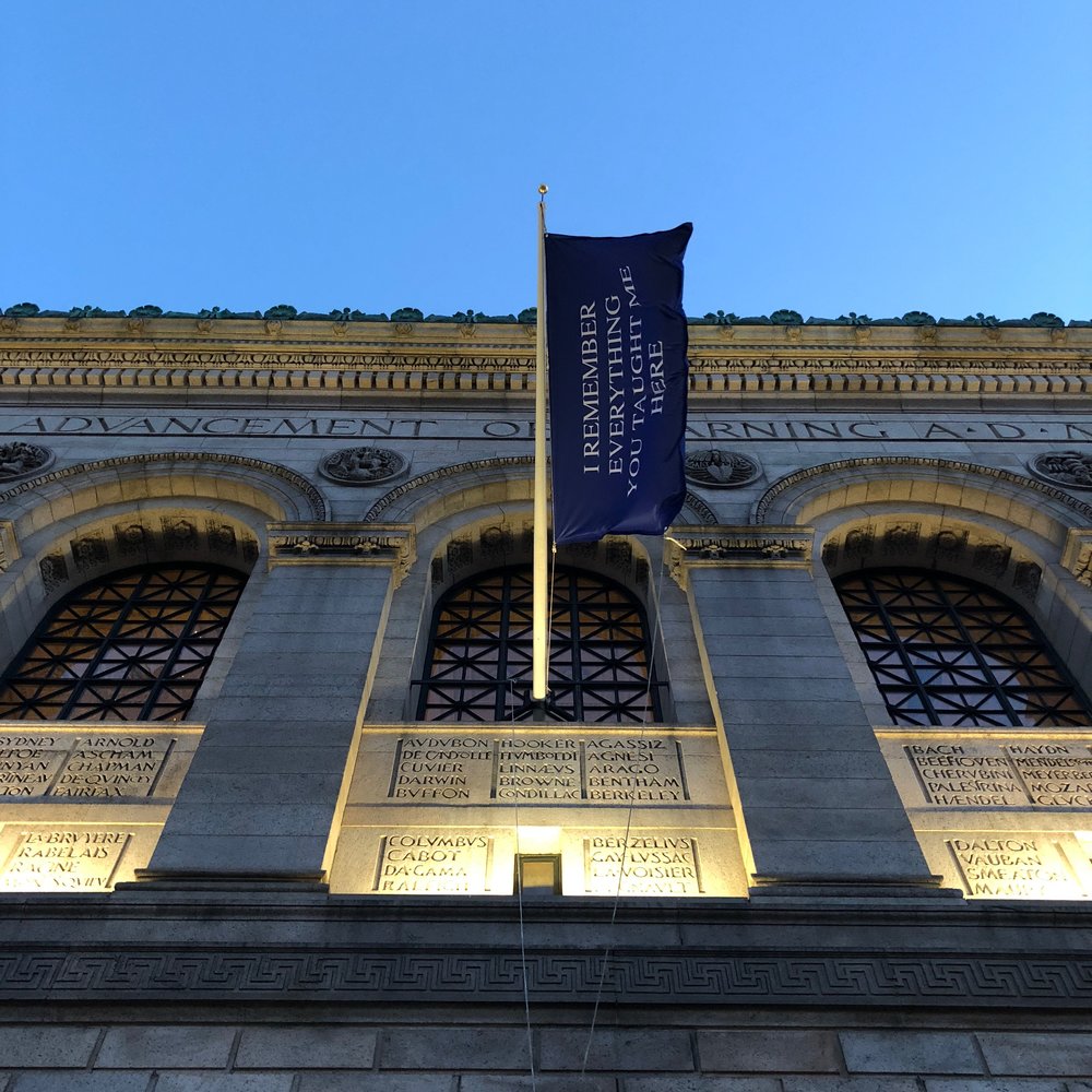 Steve Locke's “Love Letter to a Library” hung outside the Copley Square entrance to the Boston Public Library’s Central Library, 2018. (Courtesy Steve Locke)