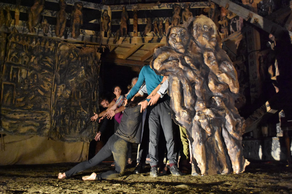 Bread and Puppet Theater rehearses "Or Else" in the troupe’s Paper Mache Cathedral in Glover, Vermont, Aug. 17, 2018. (Greg Cook)