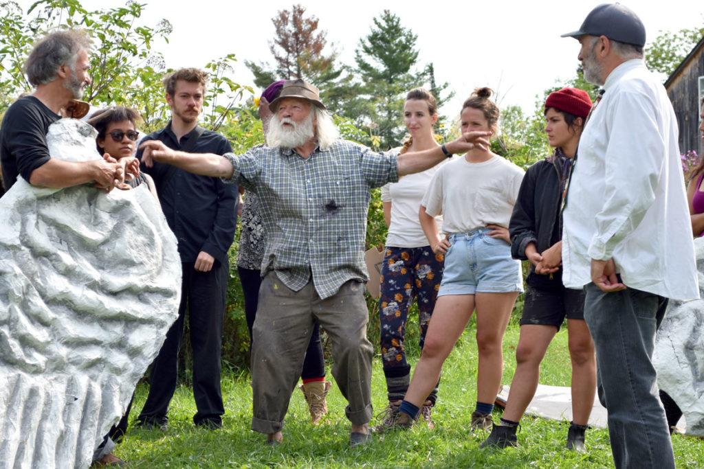 Peter Schumann directs a rehearsal of Bread and Puppet Theater's "Grasshopper Rebellion Circus," Glover, Vermont, Aug. 17, 2018. (Greg Cook)