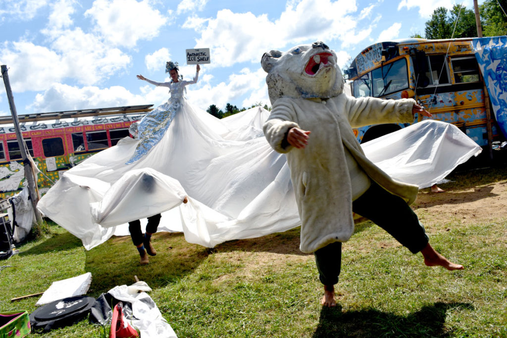 Bread and Puppet Theater rehearses its "Grasshopper Rebellion Circus," Glover, Vermont, Aug. 19, 2018. (Greg Cook)