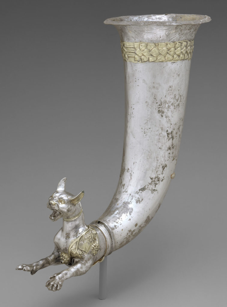 Rhyton with the forepart of a wild cat, Parthian, 1st century BCE, silver, partially gilded. (MetropolitanMuseum of Art, New York)