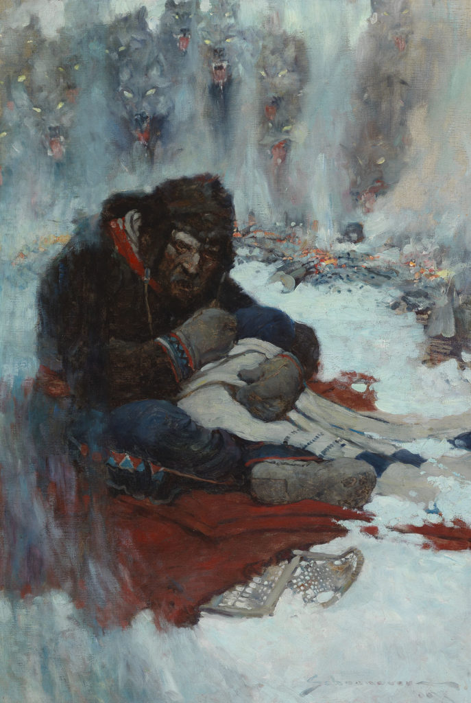 Frank E. Schoonover, "Circle of Fire (They Can Come in and Get Me Now)," 1906, oil on canvas, illustration for "White Fang" by Jack London. (Courtesy Norman Rockwell Museum)