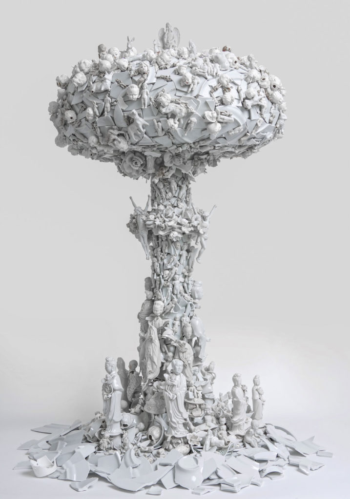 Bouke de Vries, "War and Pieces," 2012. 18th-, 19th-, and 20th-century porcelain, plastic, sprayed plaster, acrylic, steel, aluminum, gilded brass. (Courtesy the artist and Ferrin Contemporary)
