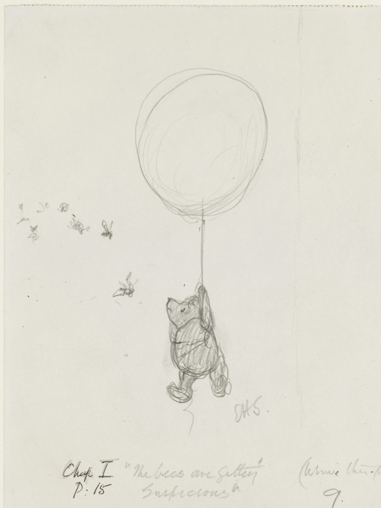 Ernest Howard Shepard, “The bees are getting suspicious,” Winnie-the-Pooh chapter 1, 1926, pencil on paper. (Courtesy Museum of Fine Arts, Boston)