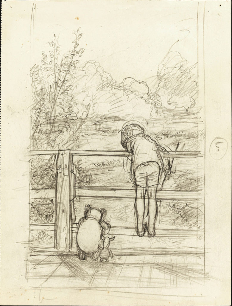Ernest Howard Shepard, “For a long time they looked at the river beneath them,” House at Pooh Corner chapter 6, 1928, pencil on paper. (Courtesy Museum of Fine Arts, Boston)