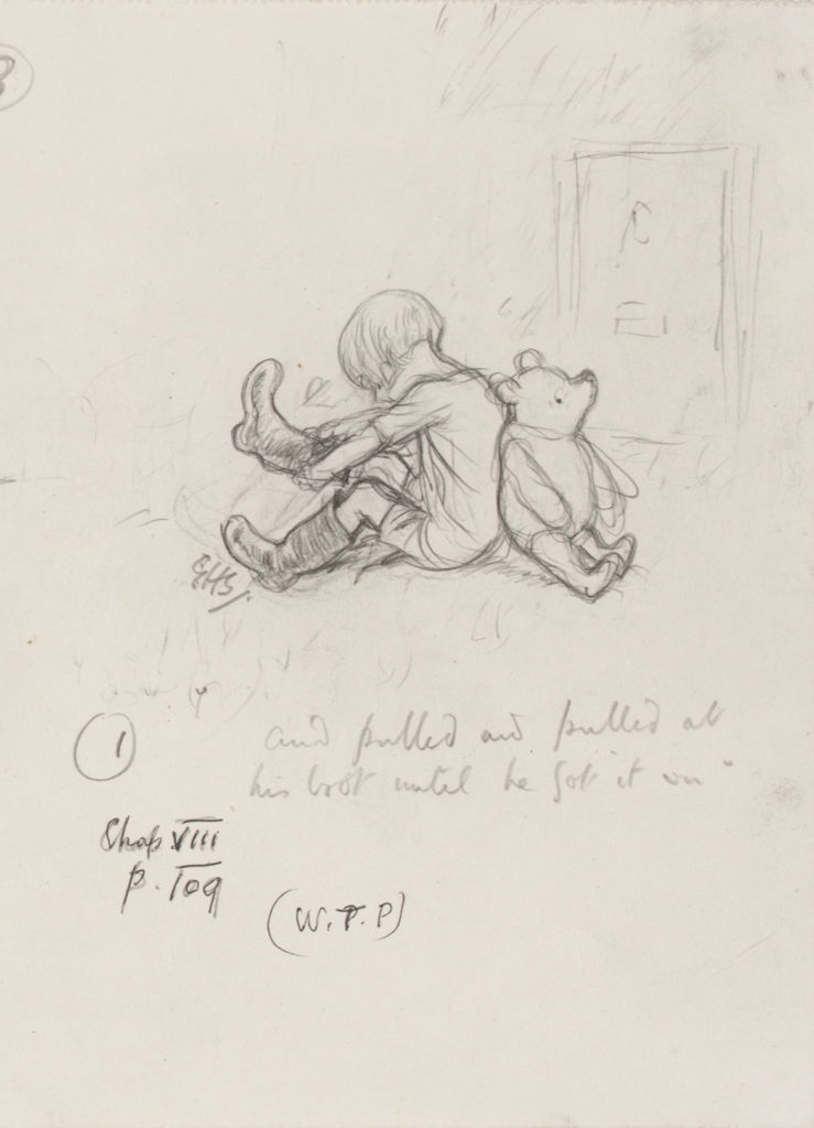 Ernest Howard Shepard, “And pulled and pulled at his boot...” Winnie-the-Pooh chapter 8, 1926, pencil on paper. (Courtesy Museum of Fine Arts, Boston)