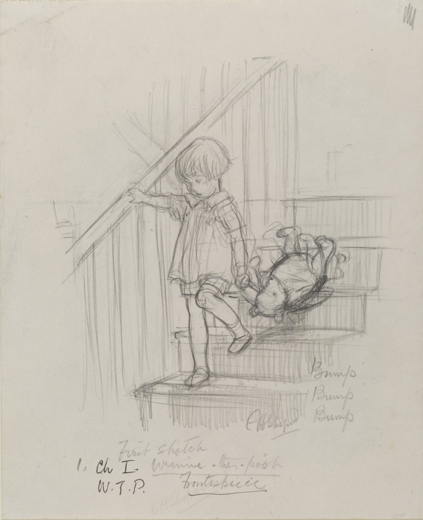 Ernest Howard Shepard, “Bump, bump, bump,” Winnie-the-Pooh chapter 1, 1926, pencil on paper. (Courtesy Museum of Fine Arts, Boston)