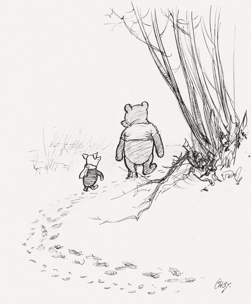 Ernest Howard Shepard, “Pooh and Piglet go hunting,” Winnie-the-Pooh chapter 3, 1926 pen and ink. (Courtesy Museum of Fine Arts, Boston)