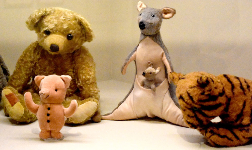 Reproductions of Christopher Robin Milne's stuffed animals from the 2017 film "Goodbye Christopher Robin." (Greg Cook)