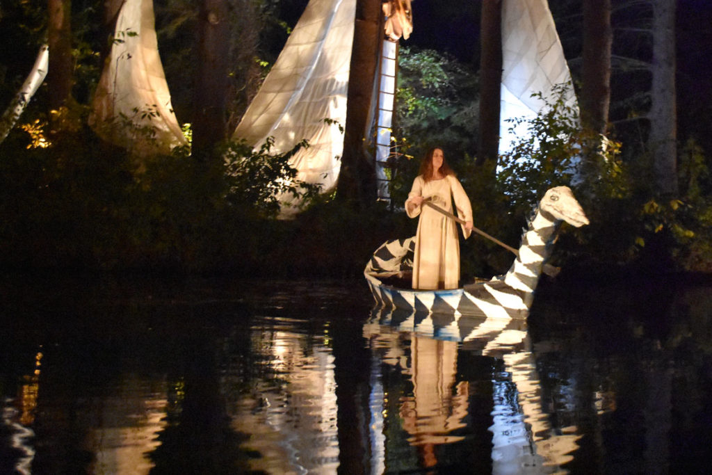 At the pond during Double Edge Theatre’s “Leonora’s World,” Ashfield, Mass., Oct. 19, 2018. (Greg Cook)