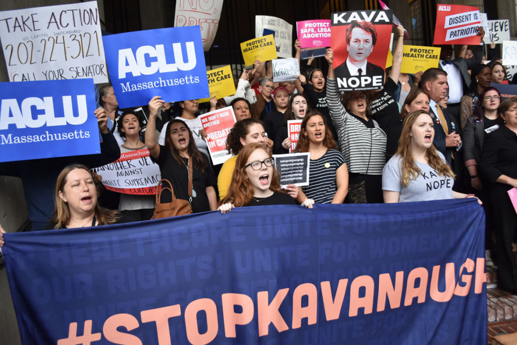 “Tell Jeff Flake to Reject Kavanaugh” rally on the steps of Boston City Hall, Oct. 1, 2018. (Greg Cook)