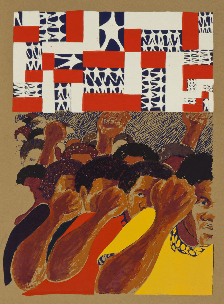 Barbara Jones-Hogu, "Land Where My Father Died," 1968, Color screenprint on gold-colored Japanese-style laid paper. Smart Museum of Art, The University of Chicago, Purchase, The Paul and Miriam Kirkley Fund for Acquisitions and The James M. Wells Curatorial Discretion Acquisition Fund, 2016.13.1.