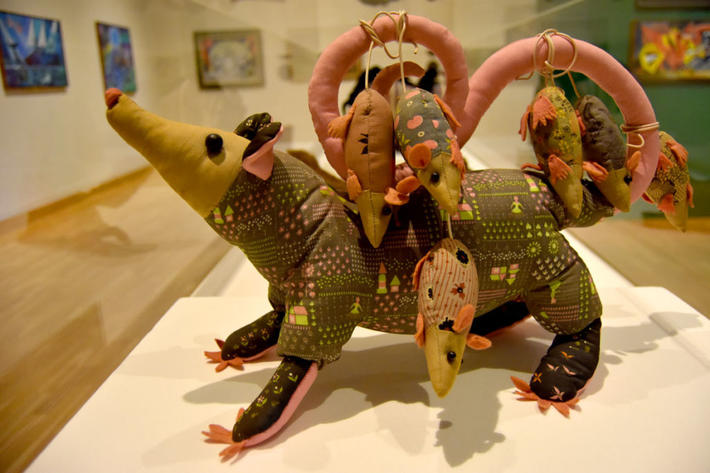 Dahlia Ipcar's "Opossum Family," 1968, from the late artist's exhibition "Blue Moons & Menageries" at Bates College Museum of Art, Lewiston, Maine, August 2018. (Greg Cook)